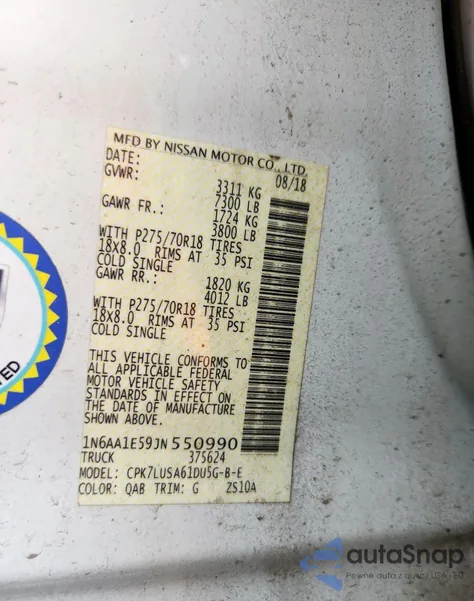 2018 Nissan Titan Sv из США, поврежденный, VIN 1N6AA1E59JN550990